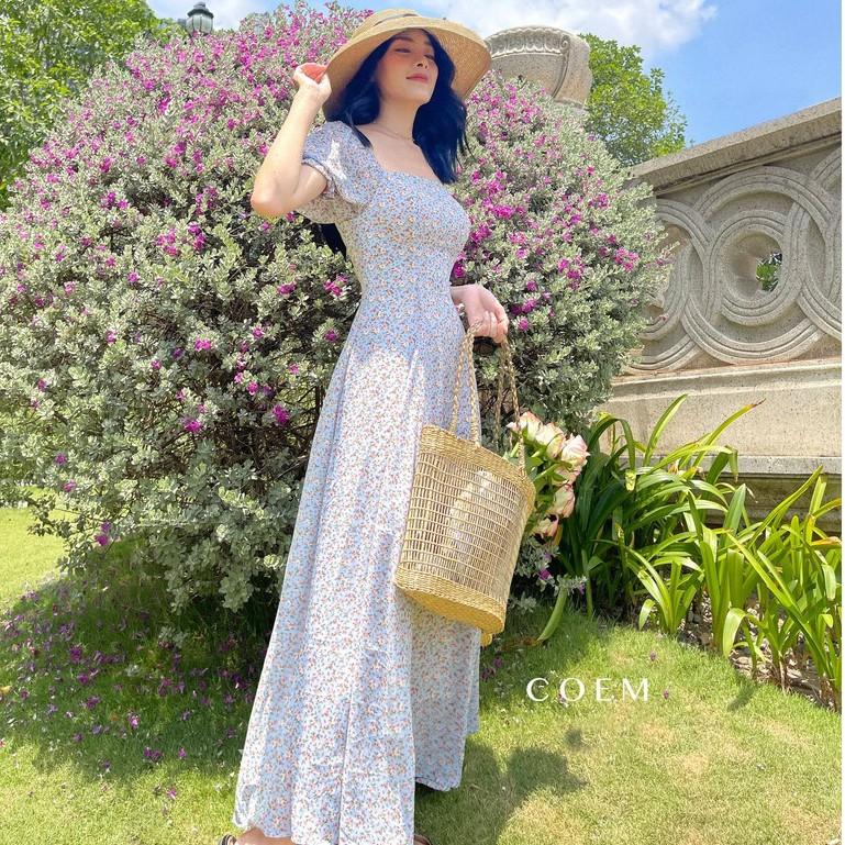 Đầm Voan Dáng Dài Tay Phồng Hoa Nhí CO EM Thiết Kế Phù Hợp Dạo Phố, Đi Dạo, Du Lịch Mọi Lúc Mọi Nơi