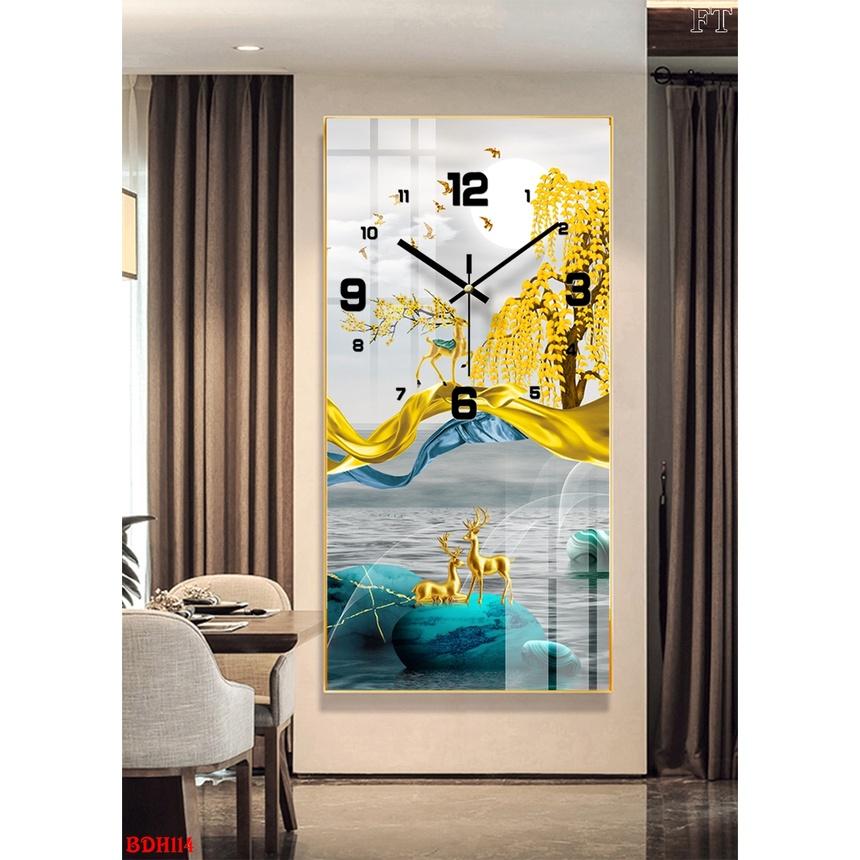 Đồng hồ treo tường hiện đại, tranh tráng gương trang trí nhà cửa phòng làm việc_HƯƠU NAI TÀI LỘC, tranh đồng hồ.