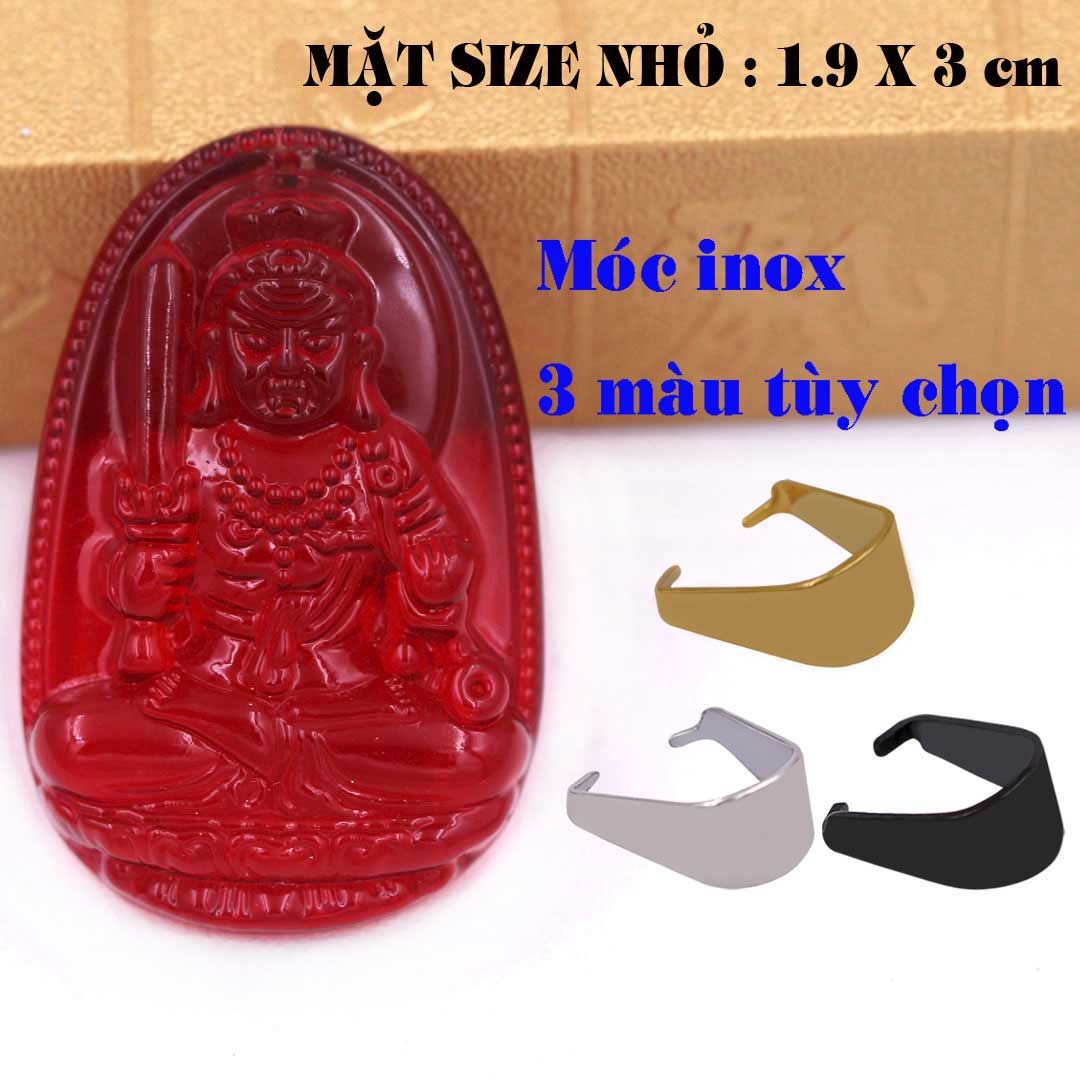 Mặt Phật Bất động minh vương pha lê đỏ 1.9cm x 3cm kèm móc dây chuyền inox vàng, Phật bản mệnh, mặt dây chuyền Phật giáo