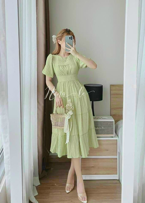 Đầm Maxi Xốp Chỉ Nhiều Màu Tay Ngắn Xếp Tầng Thời Trang
