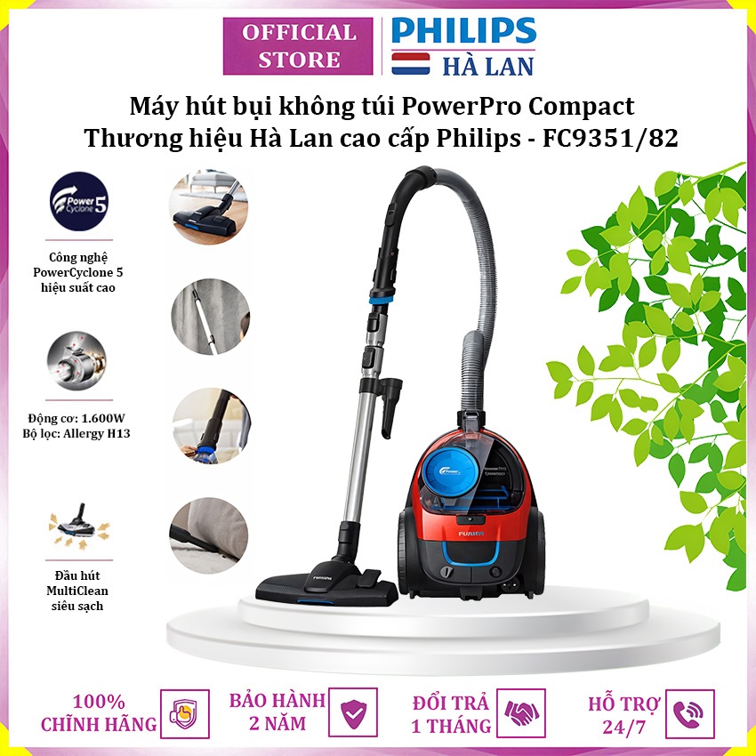 Máy hút bụi không túi PowerPro Compact thương hiệu Hà Lan Philips FC9351/82 1600W - Hàng nhập khẩu