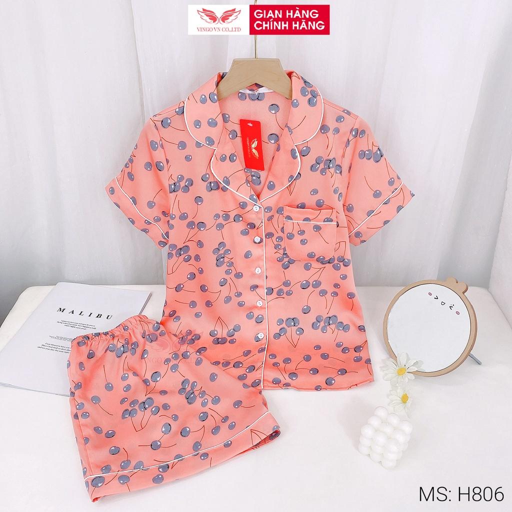 Đồ bộ nữ mặc nhà Pijama VINGO lụa Gấm tay ngắn quần đùi hoạ tiết vương miện dễ thương mặc mùa Hè thoải mái H726 VNGO