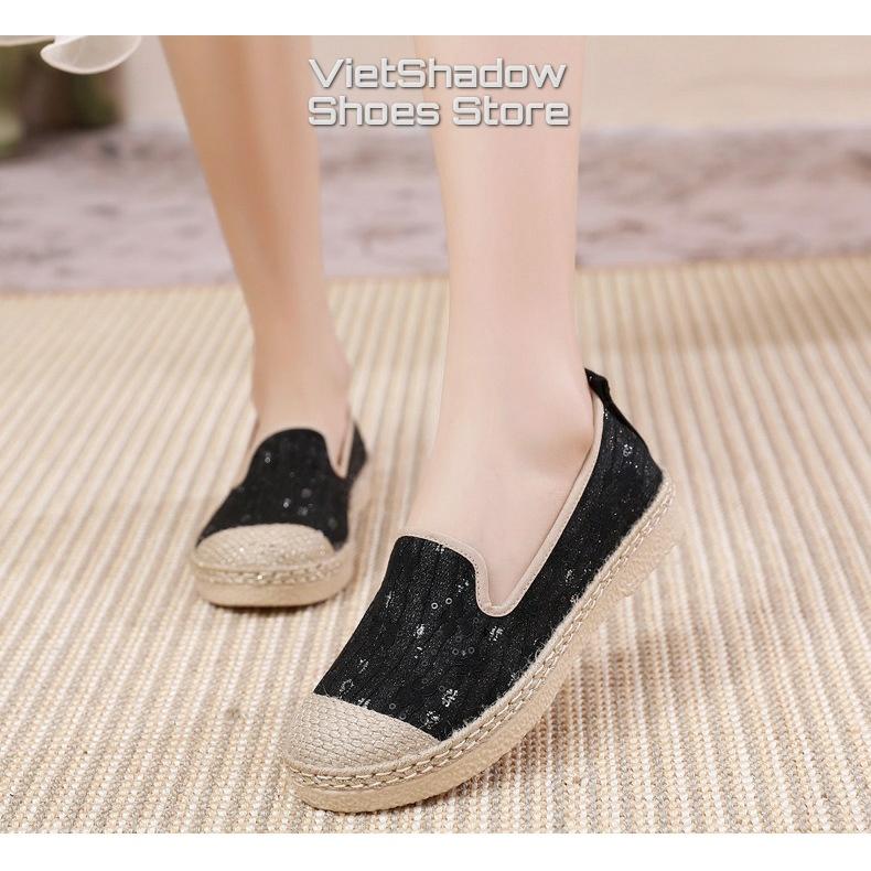 Slip on giày lười vải nữ chất liệu vải ren đính kim sa mũi và viền bo cói siêu đẹp và cá tính - Mã SP C06