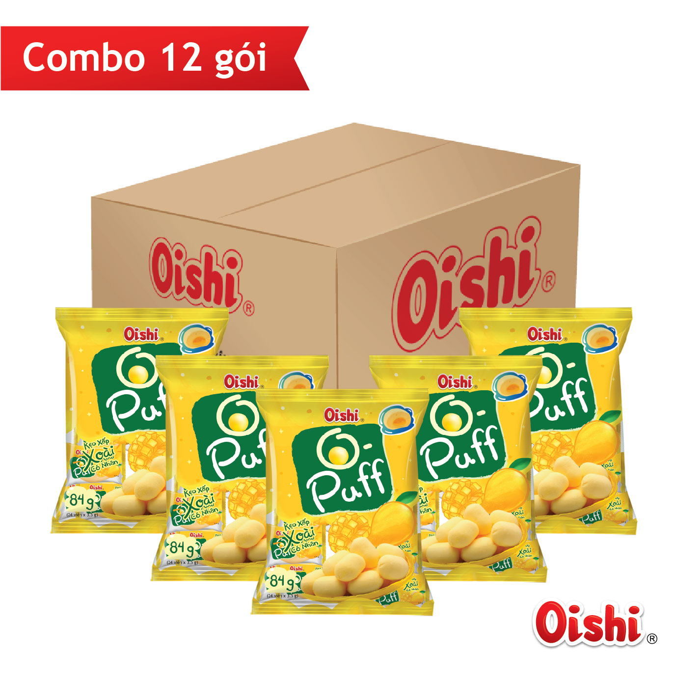 Combo 12 gói Oishi Kẹo Xốp Nhân Xoài O-Puff (84g/gói)