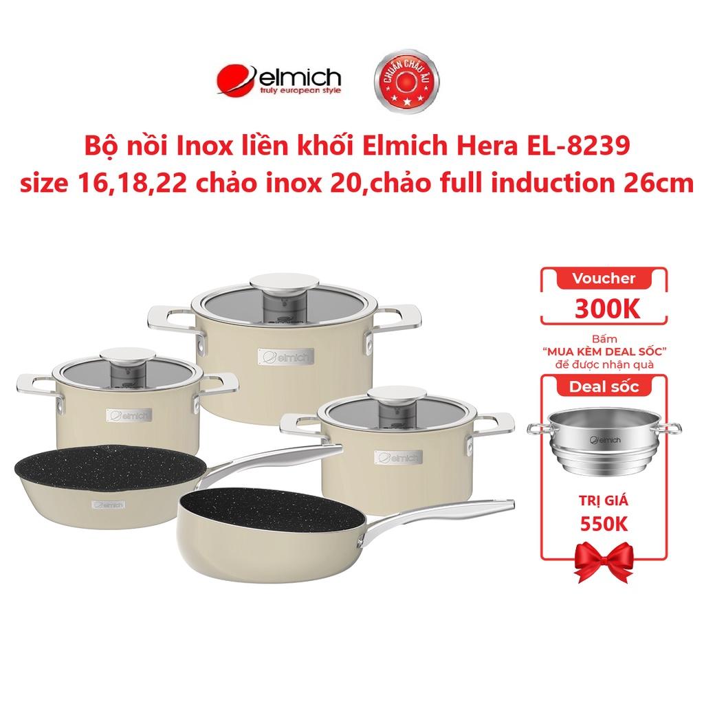 Bộ nồi Inox liền khối Elmich Hera size 16,18,22 chảo inox 20,chảo full induction 26cm( Màu : Xanh/ Tím/ Vàng)