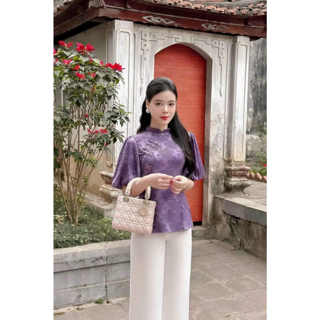 Pháp phục, đồ lam đi lễ chùa chất gấm thời thượng phối hợp quần lụa trắng - Pháp Phục Hiếu Hạnh