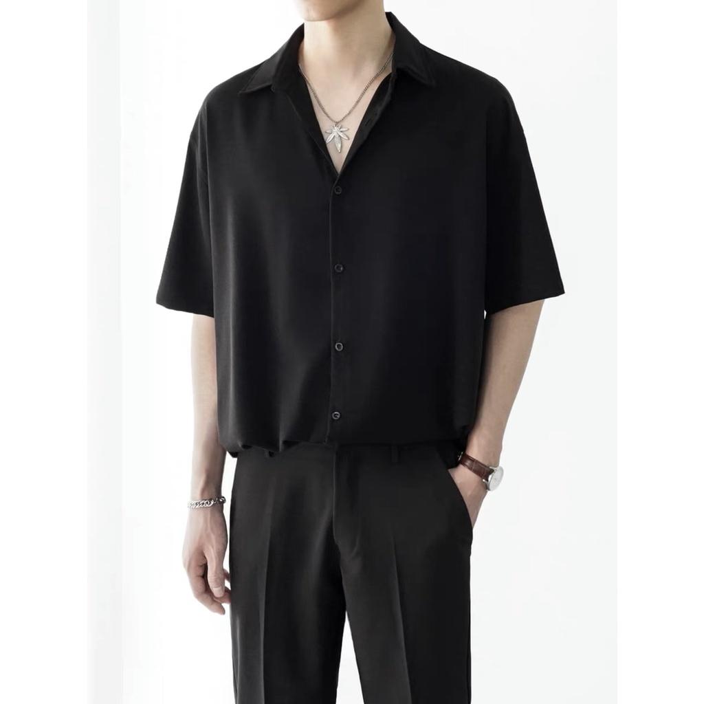 Áo sơ mi cổ Vest trơn tay ngắn nam nữ unisex form rộng tay lỡ basic, chất vải đũi trơn Hàn cao cấp mịn chống nhăn