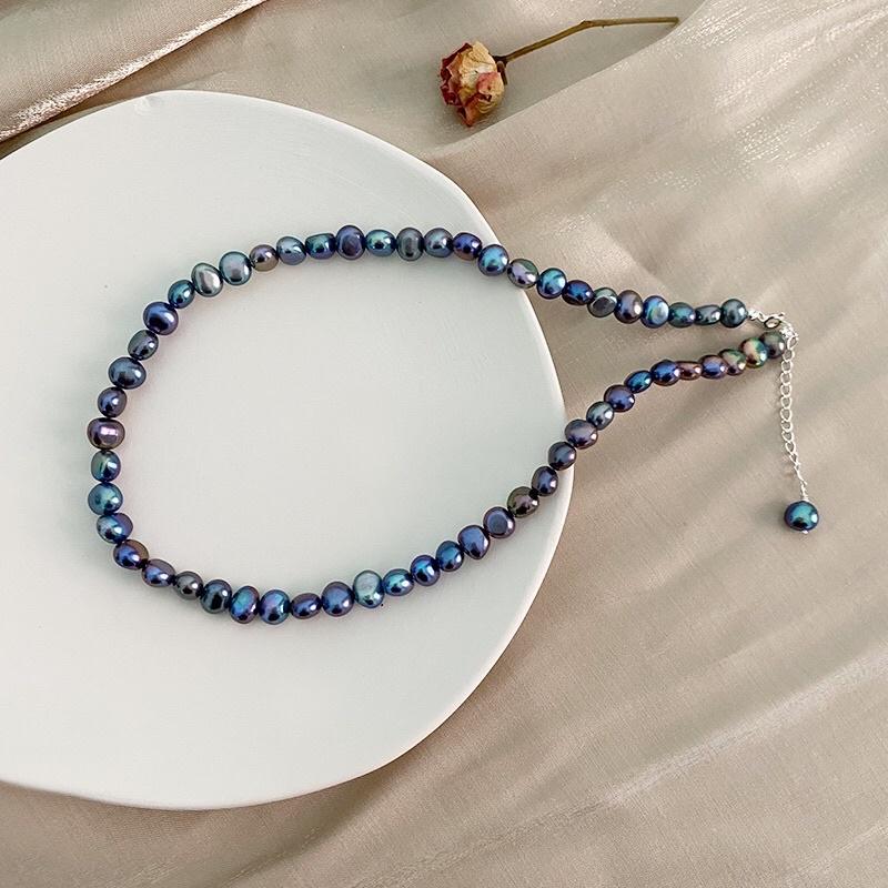 Vòng Cổ Đen Size 7ly Hạt Dẹt Khóa Bạc, Dây Chuyền Vòng Cổ Ngọc Trai Nước Ngọt Tự Nhiên Sang Trọng - Ngọc Trai Trường Thịnh