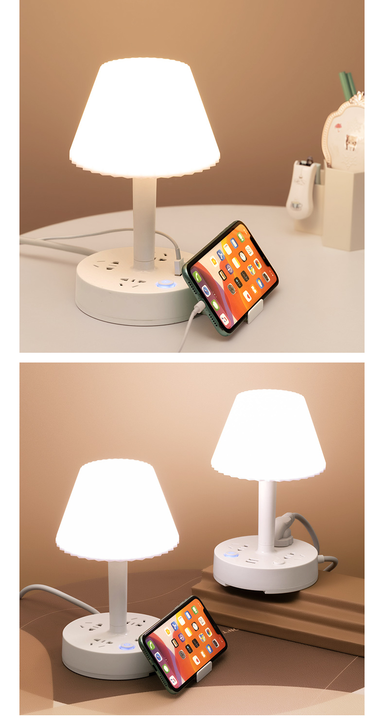 Đèn ngủ HUGAM có 3 ổ cắm điện công suất 2500w , 2 cổng sạc USB 5V/2A tặng kèm giá đỡ điện thoại