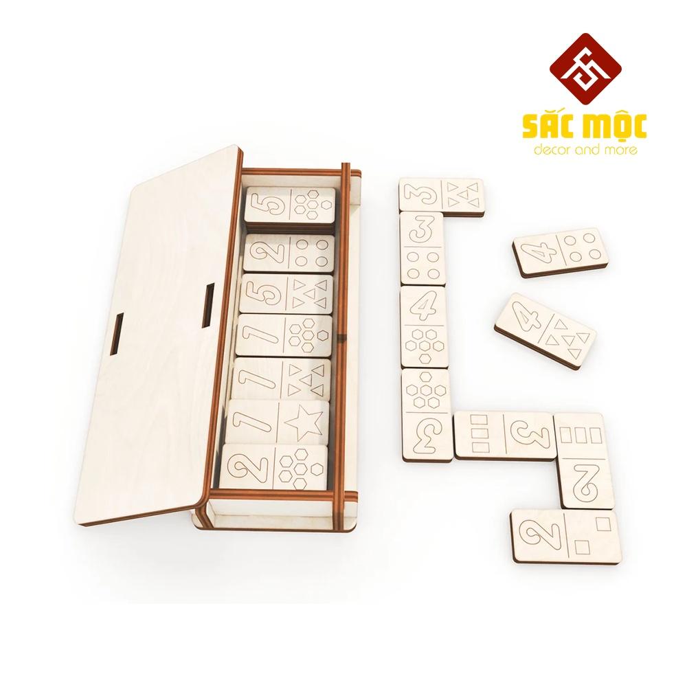 Bộ cờ Dominoes 28 quân gỗ #10 Số Kết Hợp Với Hình Khối | Domino tô màu Size 16*6*2 cm