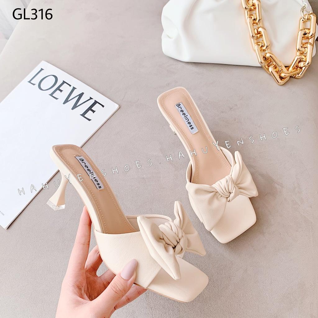 Guốc lê nữ Hà Huyền Shoes mũi vuông da nơ tai to gót nhọn 6 phân - GL316