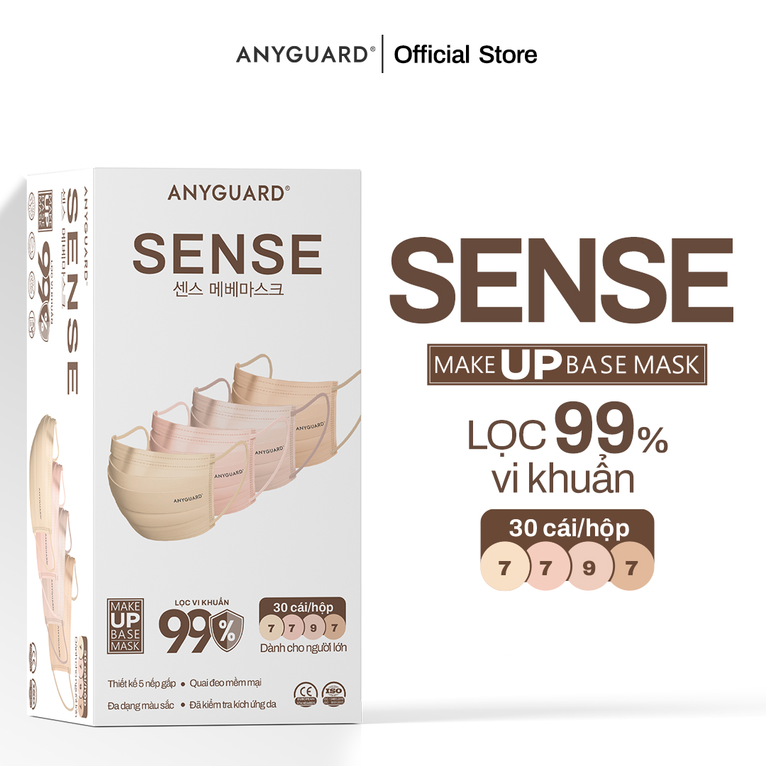 Hộp Khẩu Trang Y Tế ANYGUARD SENSE MAKE UP BASE Lọc 99% Vi Khuẩn, Màu Sắc Trendy, An Toàn Da Nhạy Cảm Dành Cho Người Lớn (Hộp 30 Chiếc/ Màu Kem, Be, Hồng, Hồng Cam Đất)