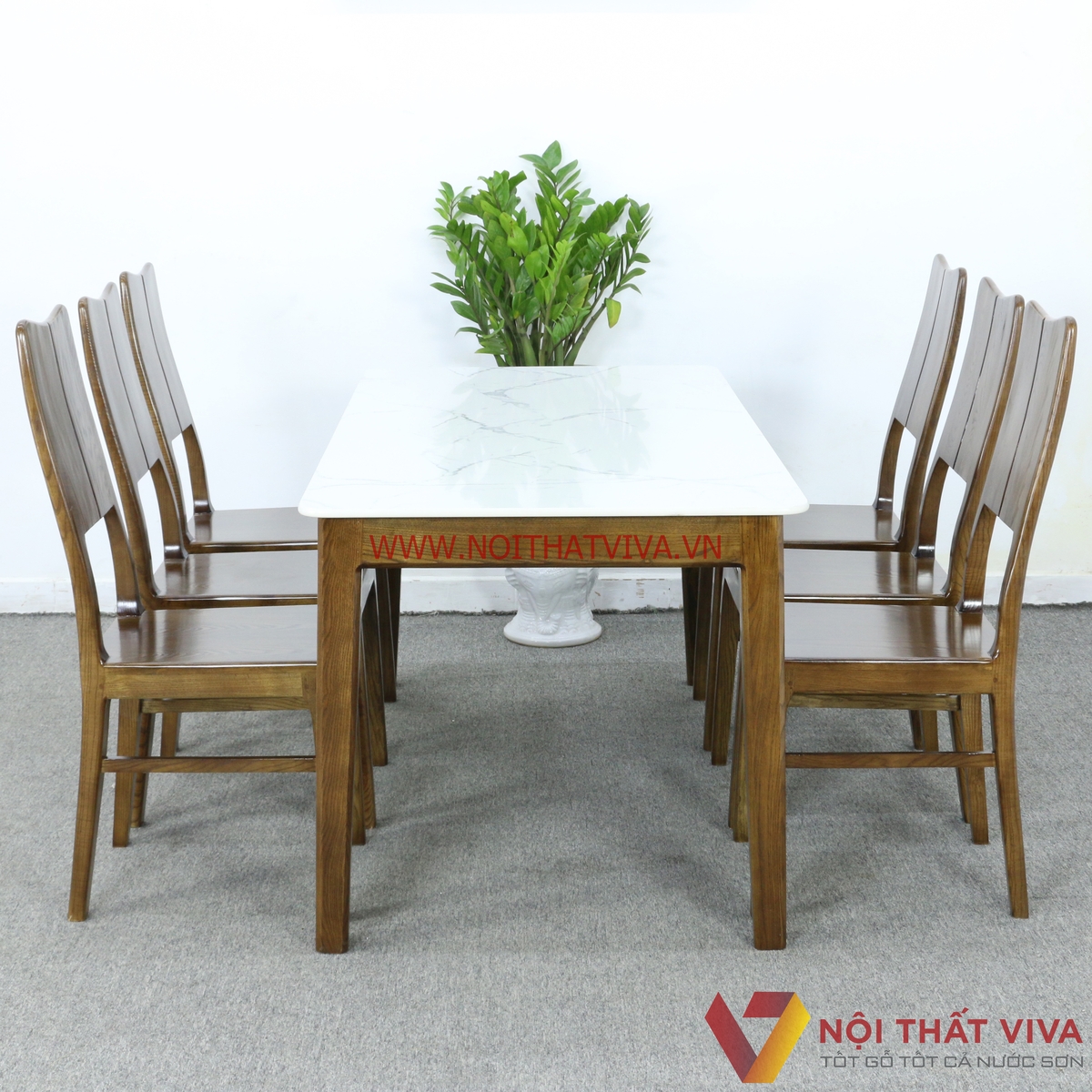 Bộ Bàn Ăn 6 Ghế Gỗ Sồi Nga Màu Óc Chó Mặt Đá Trắng Tràn Gọn Đẹp Giá Rẻ