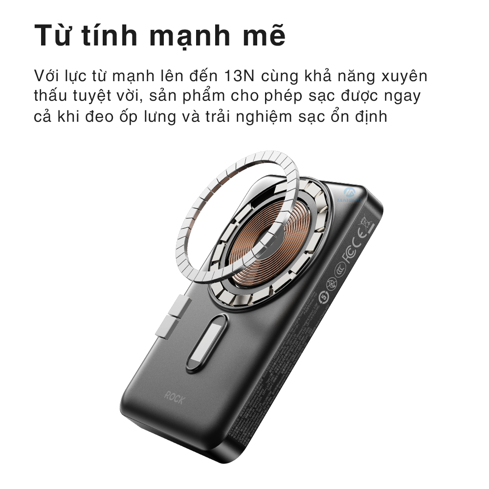 Pin Sạc dự phòng không dây nam châm 5-in-1 ROCK P50 10000mAh 20W tích hợp chân đế giữ điện thoại - Hàng chính hãng bảo hành 12 tháng