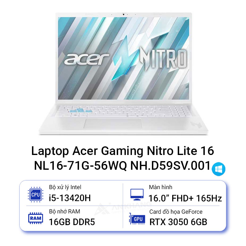 Laptop Acer Gaming Nitro Lite 16 NL16-71G-56WQ (Intel Core i5-13420H | RTX3050 | 16 inch FHD+ | 16GB | 512GB | Win 11 Home | Trắng) - HÀNG CHÍNH HÃNG