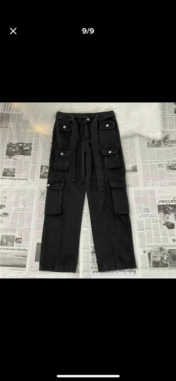 Quần kaki túi hộp Hiphop ống rộng suông dài trơn phối dây thời trang cho nữ/nam kèm hình thật