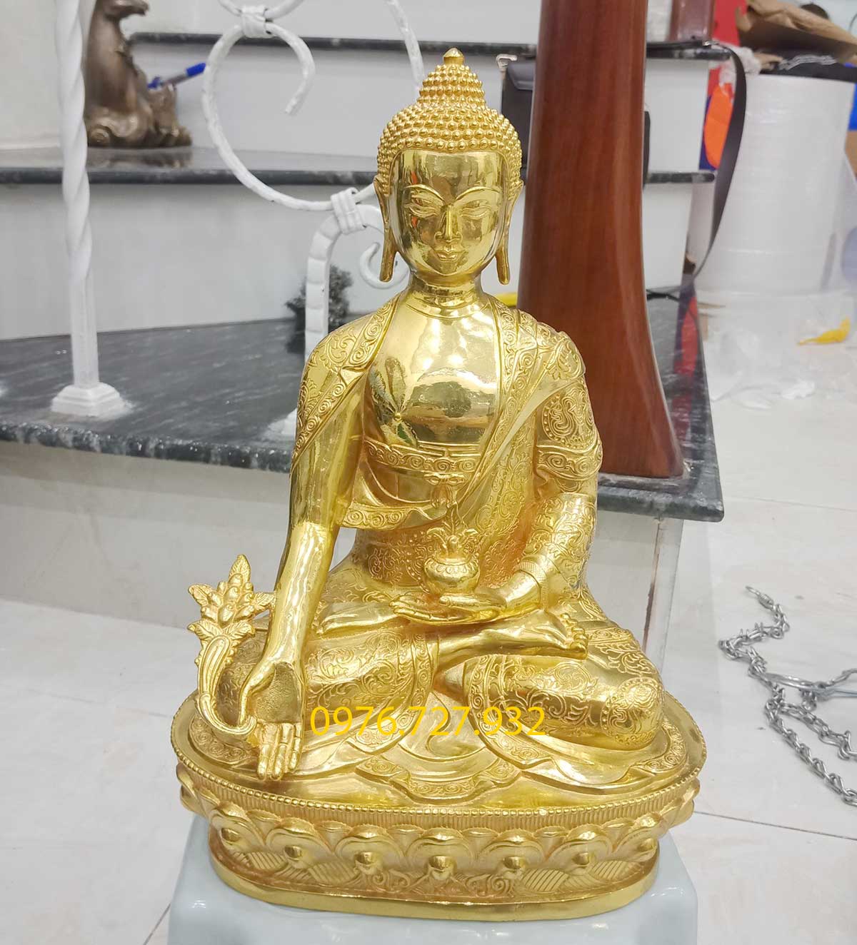 Tượng phật dược sư bằng đồng mạ vàng đài loan cao 29cm, tương phật dược sư