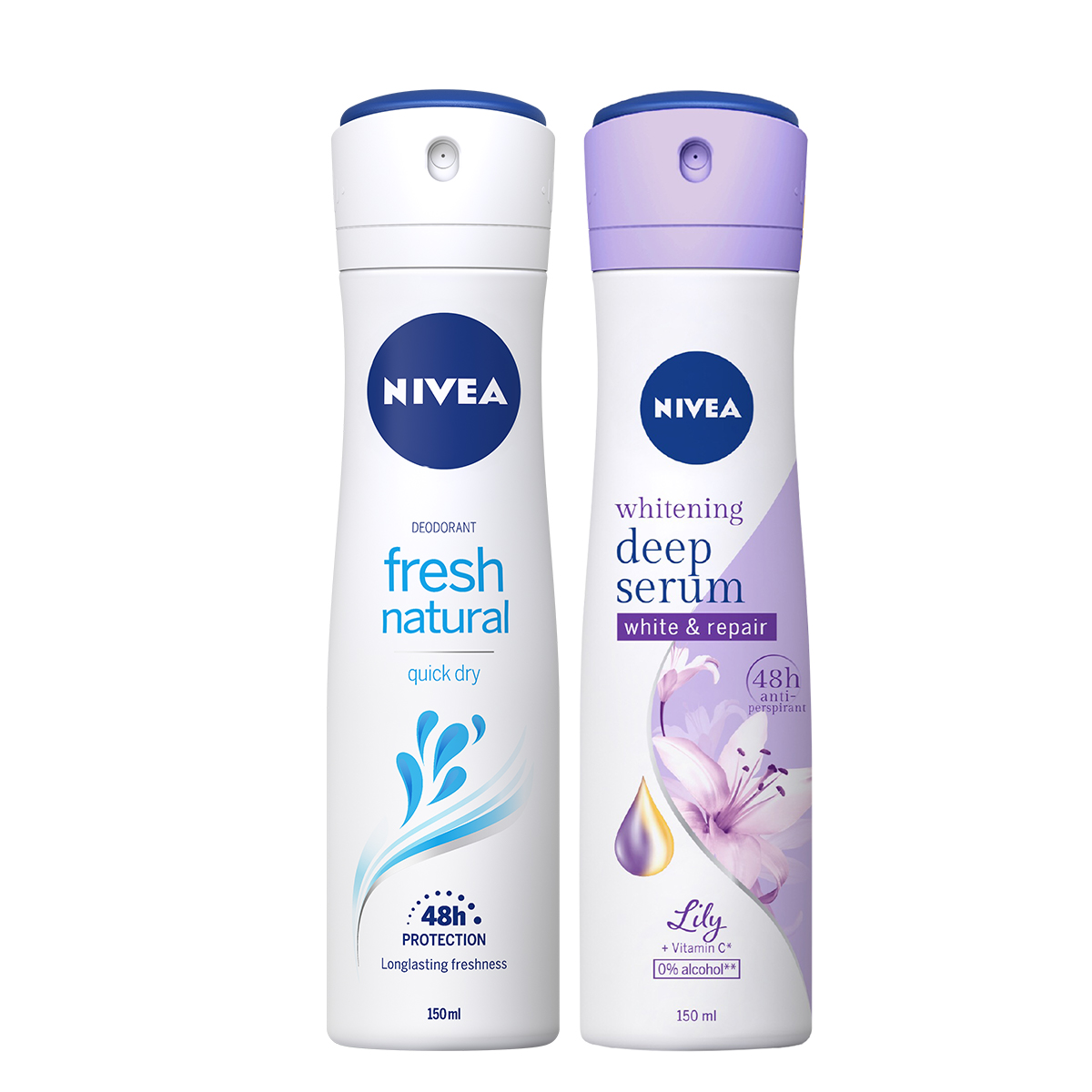 Bộ đôi Xịt Ngăn Mùi NIVEA Fresh Nature Tươi Mát Tự Nhiên (150ml) - 81601 &amp; Xịt Ngăn Mùi Nivea Serum Trắng Mịn Hương Hoa Lily (150ml) 85312