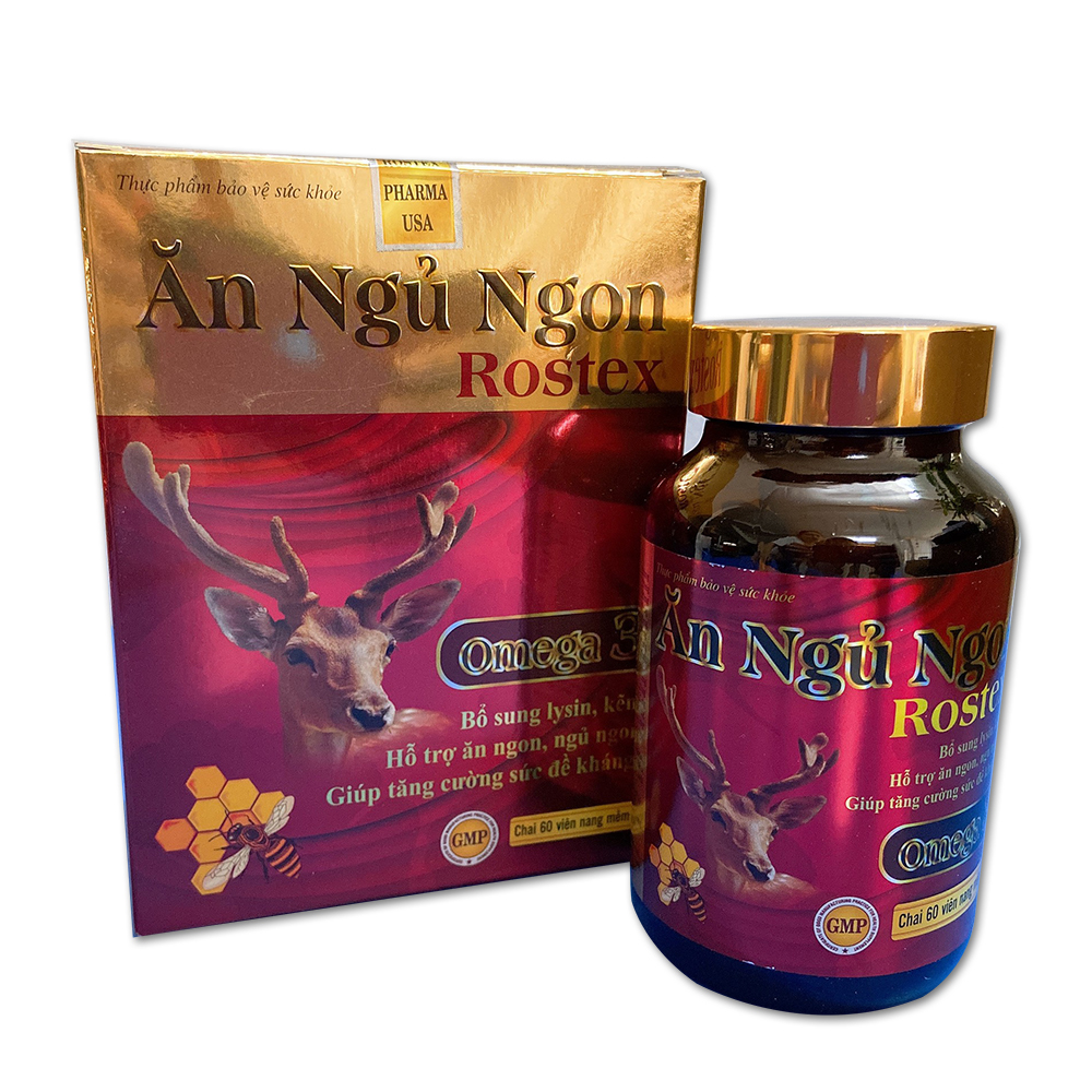 Viên Ăn Ngủ Ngon Rostex loại bỏ mất ngủ, căng thẳng, stress - Chai 60 viên bổ sung omega 3, lysin, kẽm tăng cường sức đề kháng
