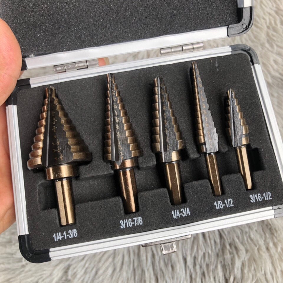 Bộ 5 mũ khoan tháp thép gió HSS mạ Coban bền khỏe, đa tầng, nón, bước tháp, dễ sử dụng, tiện lợi