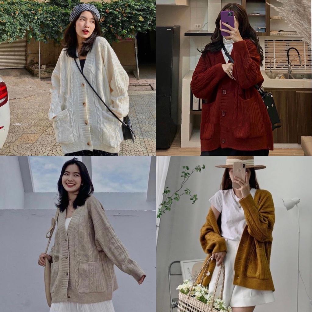 Áo Cardigan Len Dáng Dài Vặn Thừng Form Rộng Vintage