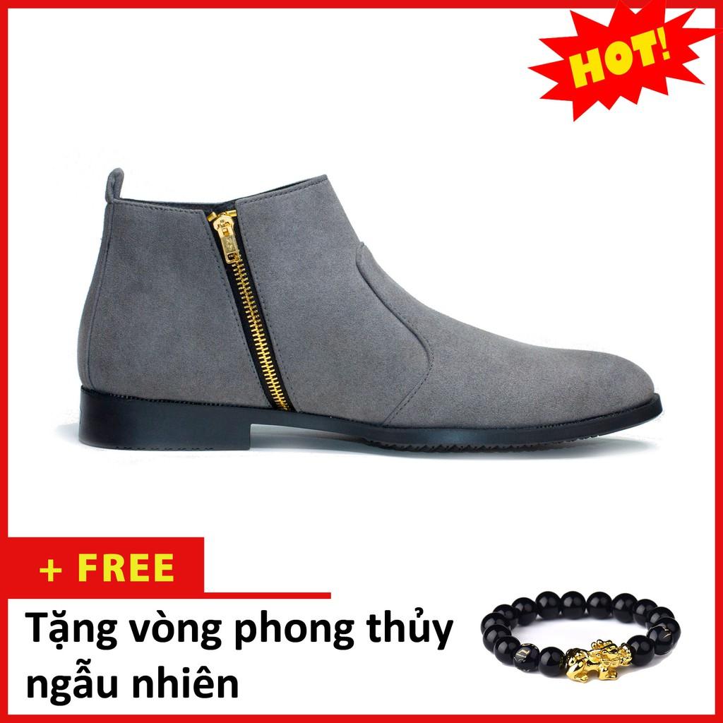 Giày Chelsea Boot Nam Cổ Khóa Rất Dễ Xỏ Da Búc Màu Xám Cực Đẹp - CB521-bucxamkhoa(VT)-Kèm Vòng tay Phong Thủy