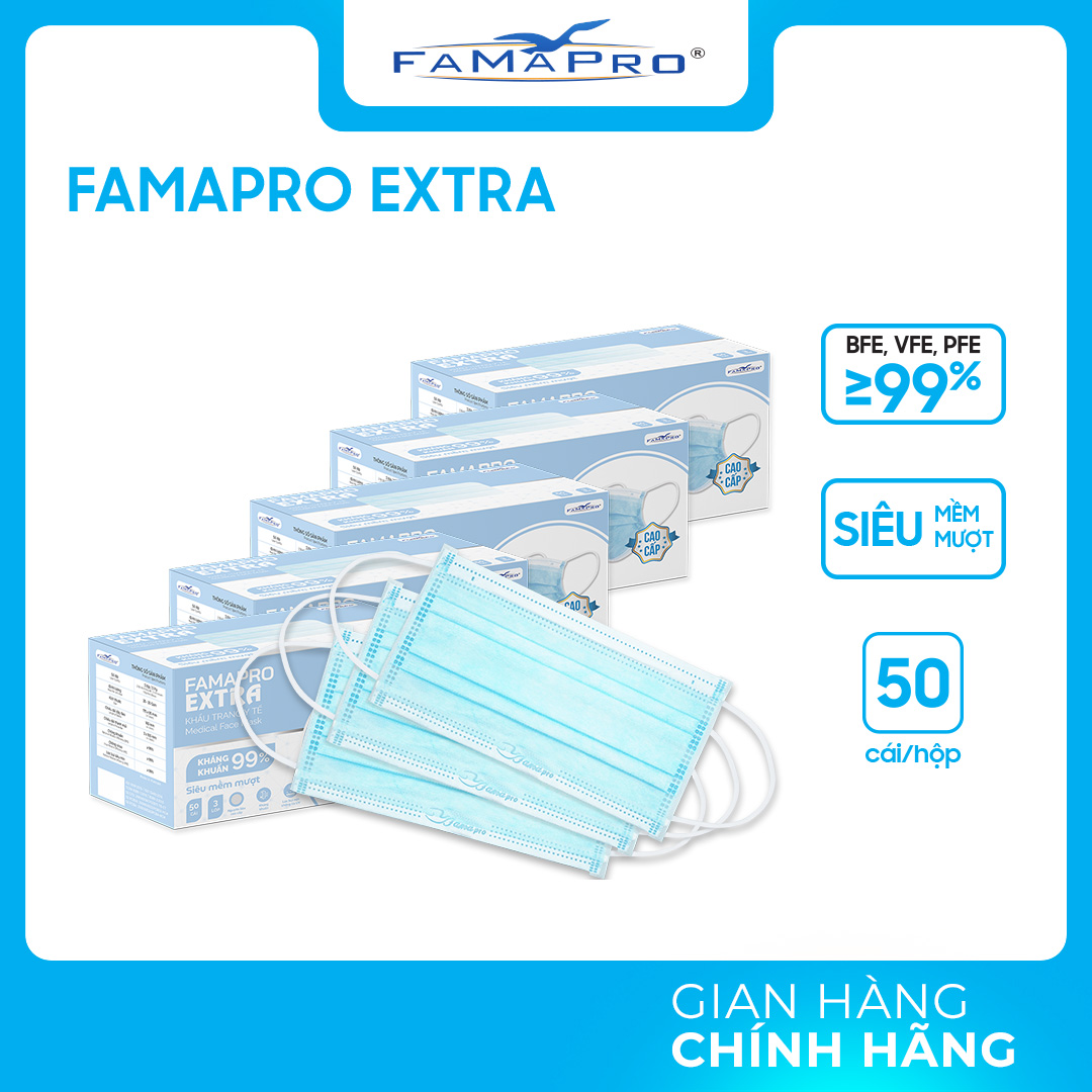 Hộp - Famapro Extra - Khẩu Trang Y Tế Kháng Khuẩn 4 Lớp Famapro Extra 50 Cái Hộp - Xanh - Combo 5 Hộp