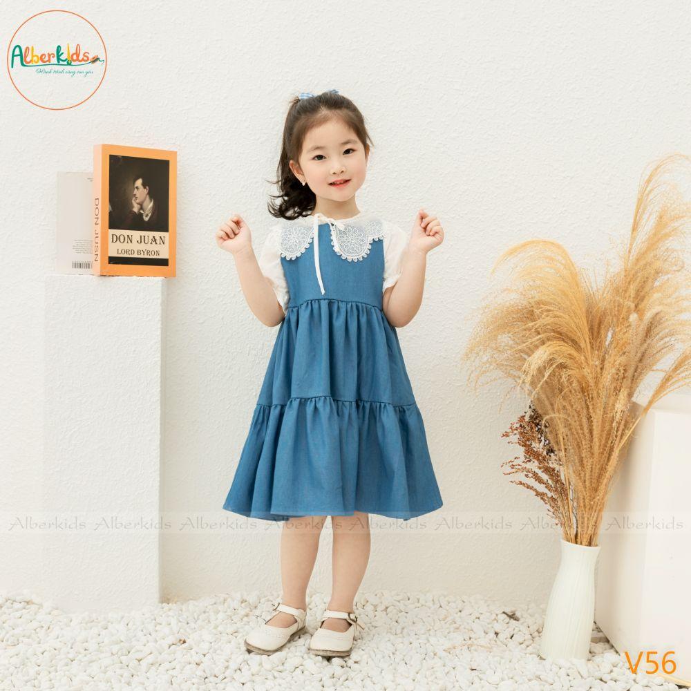 Váy bé gái ALBERKIDS bò denim 2 dây 3 tầng công chúa xinh đẹp cho trẻ em 2,3,4,5,6,7,8,9,10,11,12 tuổi [V56