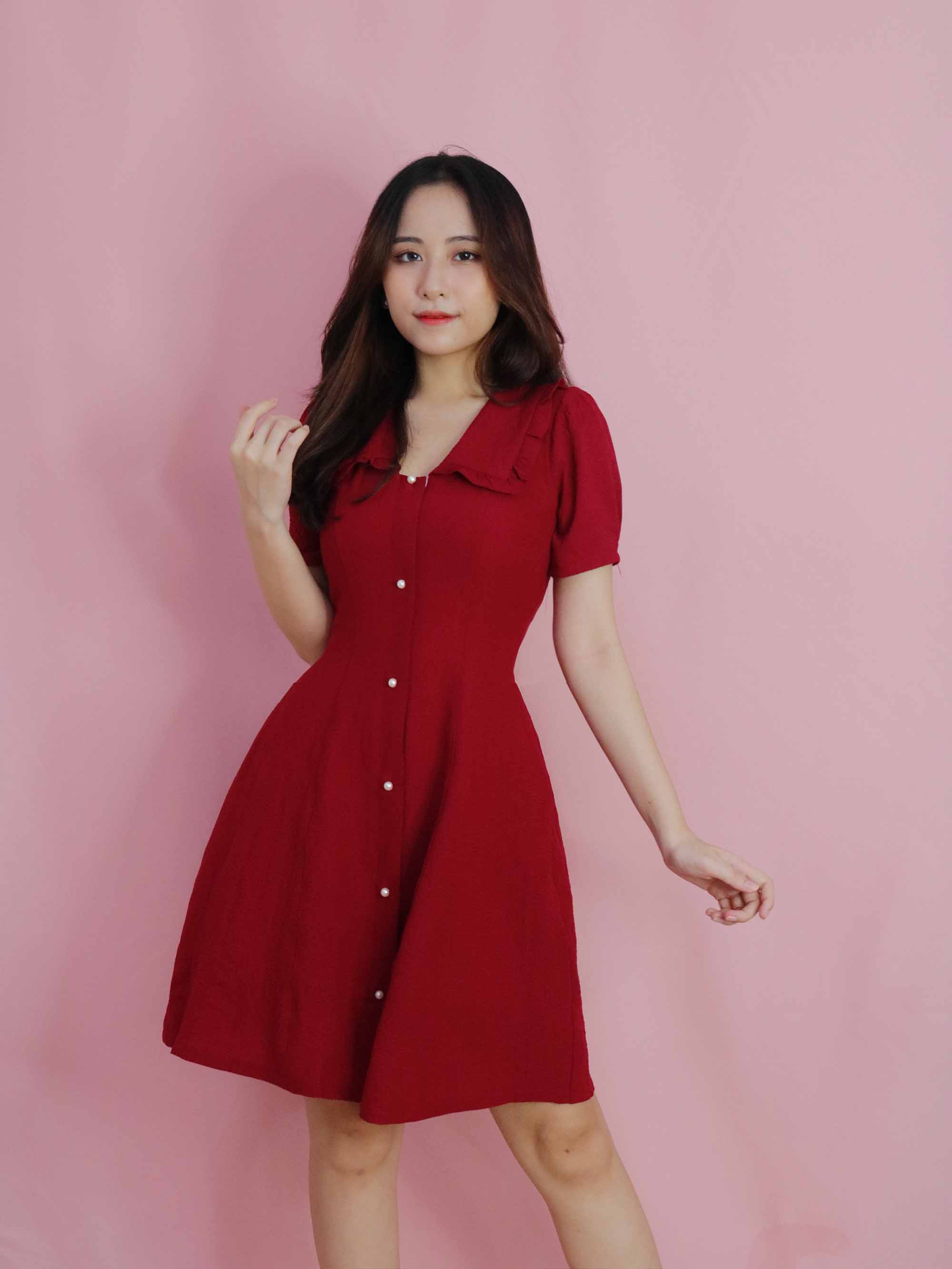 Đầm đỏ dự tiệc dáng xòe cổ v thanh lịch thiết kế cao cấp thời trang công sở đi tiệc đi làm eo tôn dáng