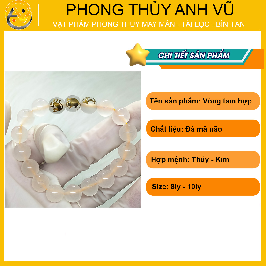 Vòng tay mã não trắng tam hợp thân tý thìn đã khai quang - size 8 10ly cho nữ - may mắn tài lộc - Vòng Tam Hợp Anh Vũ
