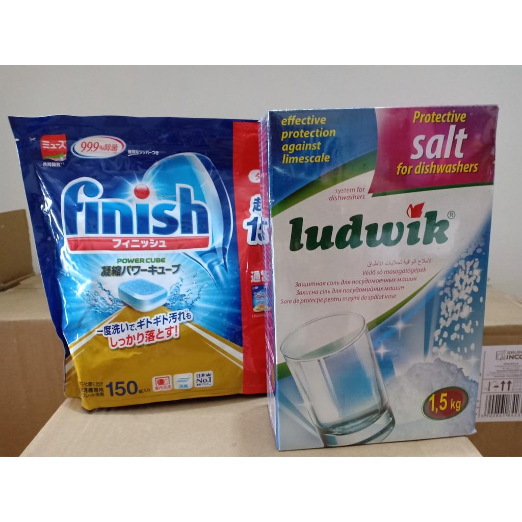 Combo Viên rửa bát Finish túi 150 viên + Muối làm mềm nước Ludwik 1,5kg. Tặng que thử nước cứng