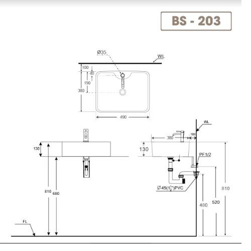 Chậu lavabo rửa mặt đặt trên bàn BS-203 sản phẩm chỉ gồm phần sứ (vòi gắn trên thành lavabo)