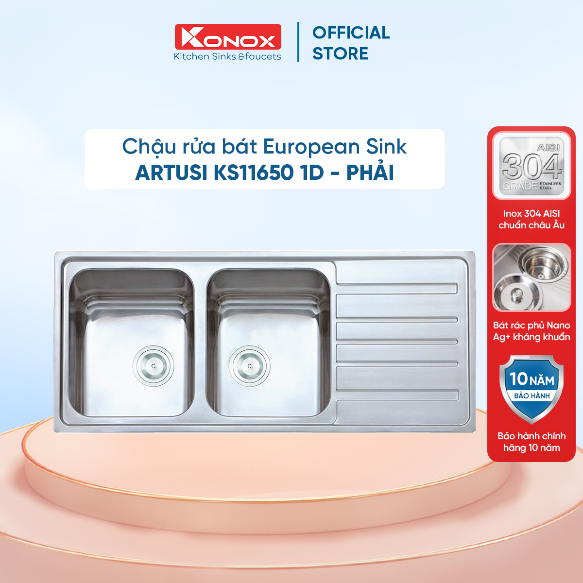 Chậu rửa bát Konox, European Series, Model Artusi KS11650 1D , Inox 304AISI tiêu chuẩn châu Âu, 1160x500x215(mm), Hàng chính hãng