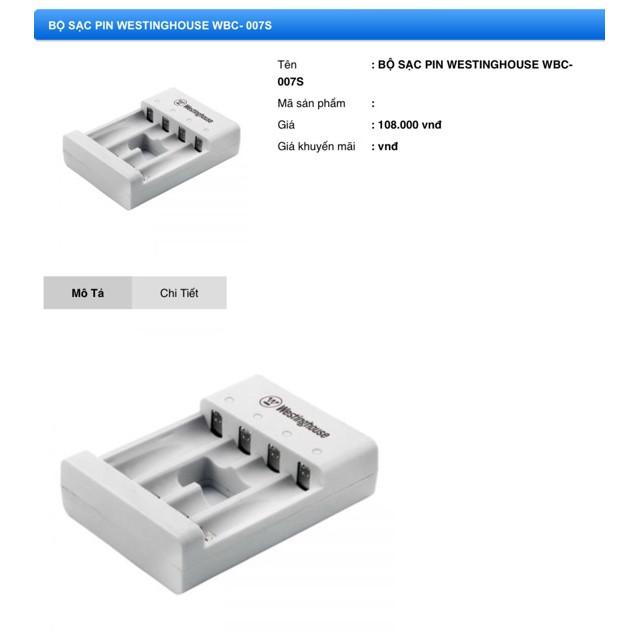 Bộ sạc pin Westinghouse WBC-007S/ SWBC-002 (3.5h tự ngắt) hàng chính hãng bảo hành 3 tháng 1 đổi 1