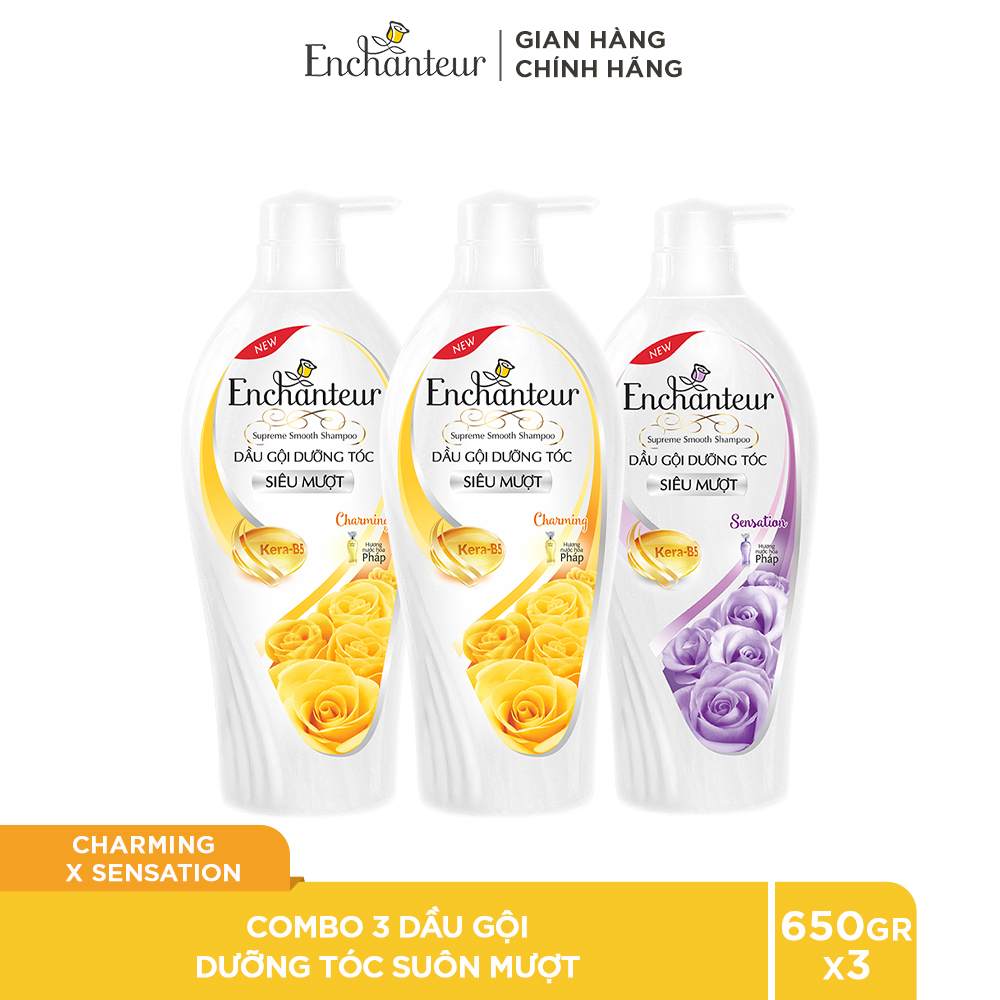 Combo 3 Dầu gội Enchanteur dưỡng tóc suôn mượt Keratin Charming và Sensation 650g ( 2 Charming và 1 Sensation)