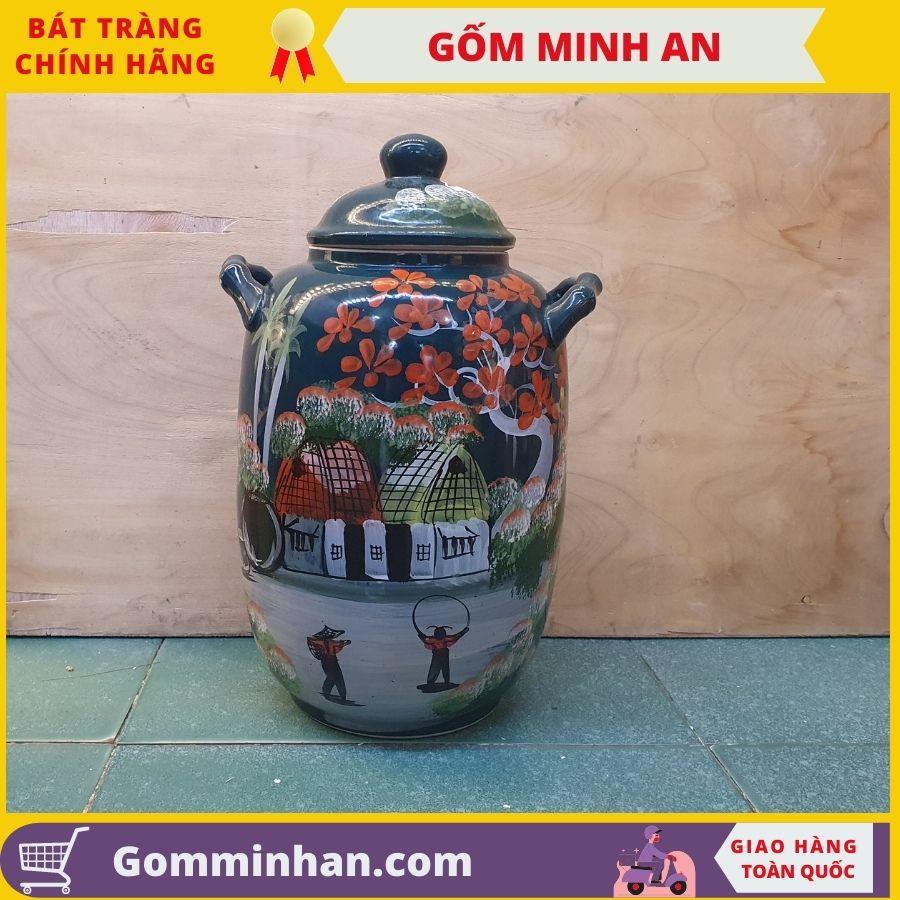 Hũ đựng gạo vẽ phong cảnh gốm Minh An Bát Tràng dung tích 10l đựng 8kg gạo