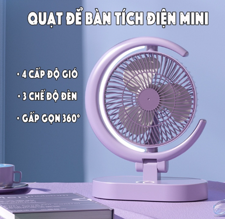 Quạt Để Bàn Tích Điện Mini 3 Cấp Độ Gió Teement, Tích Hợp Đèn Ngủ Động Cơ Không Tiếng Ồn Pin Pin 1200mah , Điều Chỉnh Lên Xuống 360°- Hàng Chính Hãng