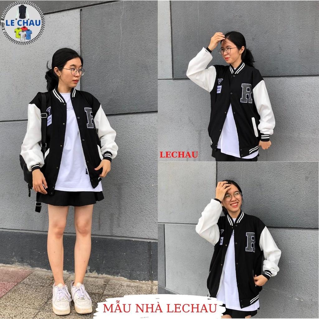 Áo khoác bomber nam nữ ulzzang hottrend logo R Varsity jacket da lộn cao cấp unisex form rộng streetstyle đẹp xịn - F426 Đen &lt; 70kg