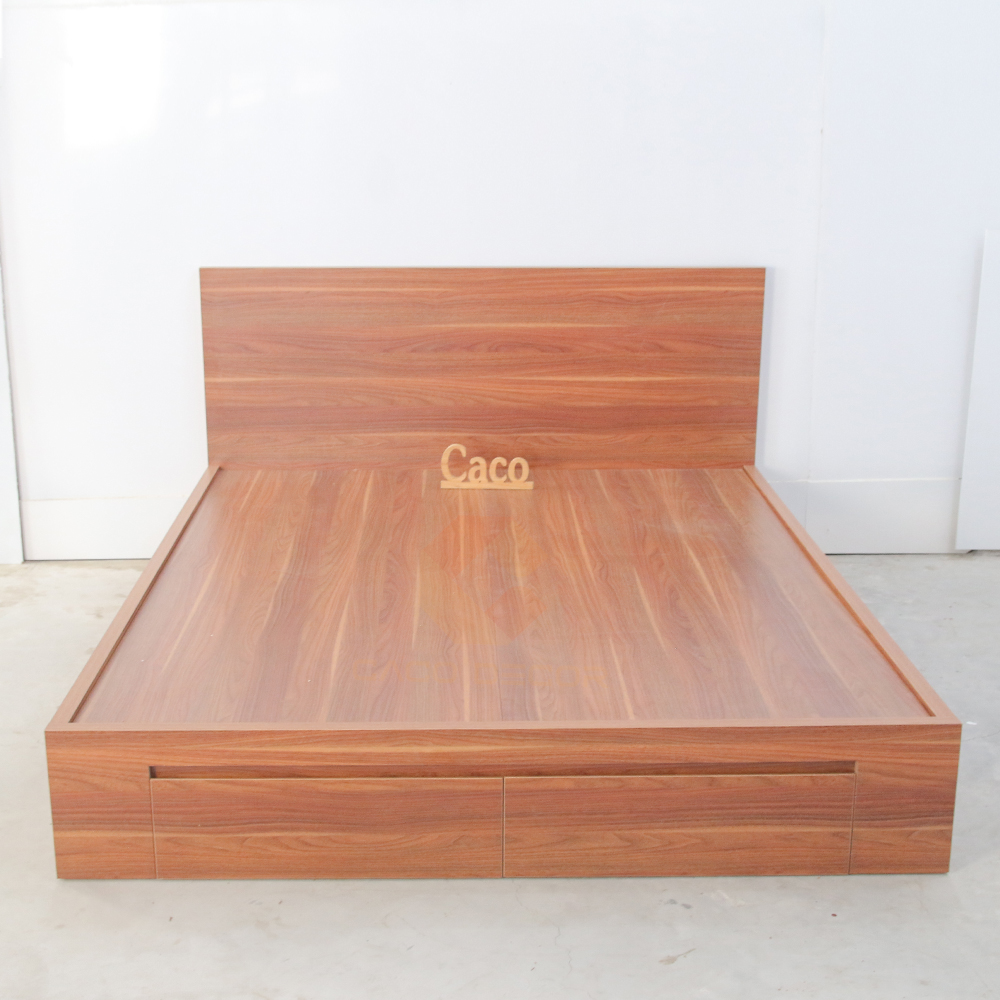 GIƯỜNG NGỦ GỖ MDF PHỦ MELAMINE MÀU VÂN GỖ ĐỎ CÓ HAI HỌC KÉO
