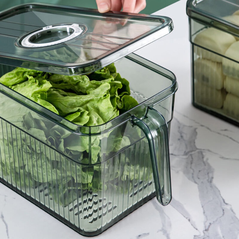 Hộp nhựa trong suốt đựng thực phẩm, rau củ quả tươi mát trong tủ lạnh có tay cầm, thiết kế thông minh kiểu mới với nắp có hẹn ngày giờ lưu trữ thực phẩm, thiết kế sang trọng, dễ dàng xếp lên nhau tiết kiệm diện tích