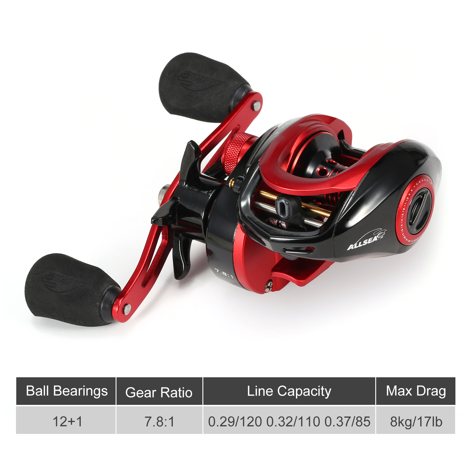 Cuộn câu cá baitcasting với Hệ thống bạc đạn 12 + 1 Tỷ số truyền 7: 8: 1 cho hiệu suất tốc độ cao,mạnh mẽ