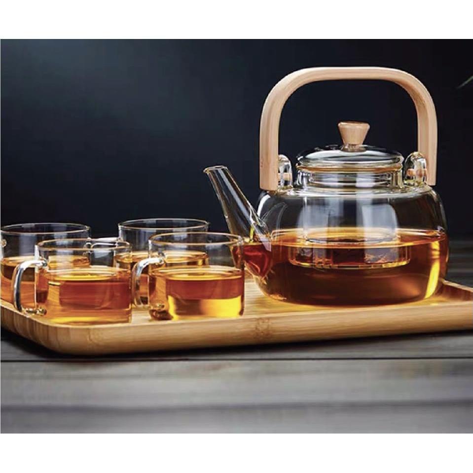 Bộ ấm chén thủy tinh tay gỗ cao pha trà 900ml kèm khay gỗ