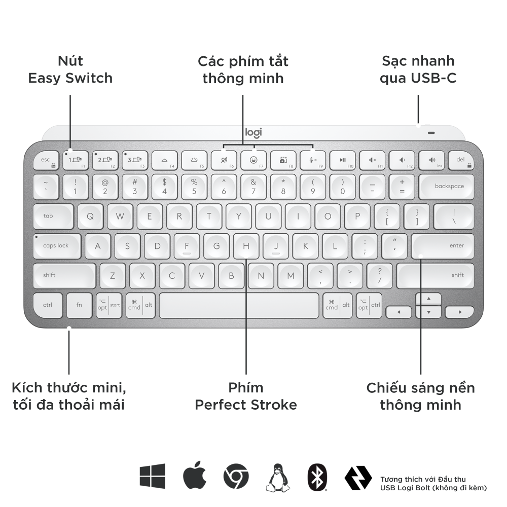 Bàn phím không dây Bluetooth Logitech MX Keys Mini For Mac - Nhỏ gọn, Sạc USB-C, Phím tắt thông minh - Hàng Chính Hãng