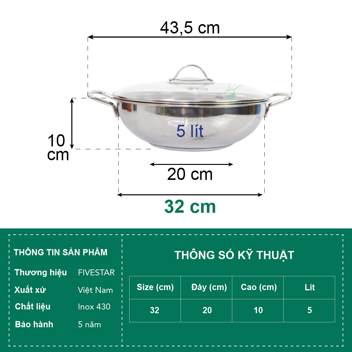 Chảo lẩu inox sâu lòng inox Fivestar nắp kính , 3 đáy dùng được bếp từ, hồng ngoại , gas