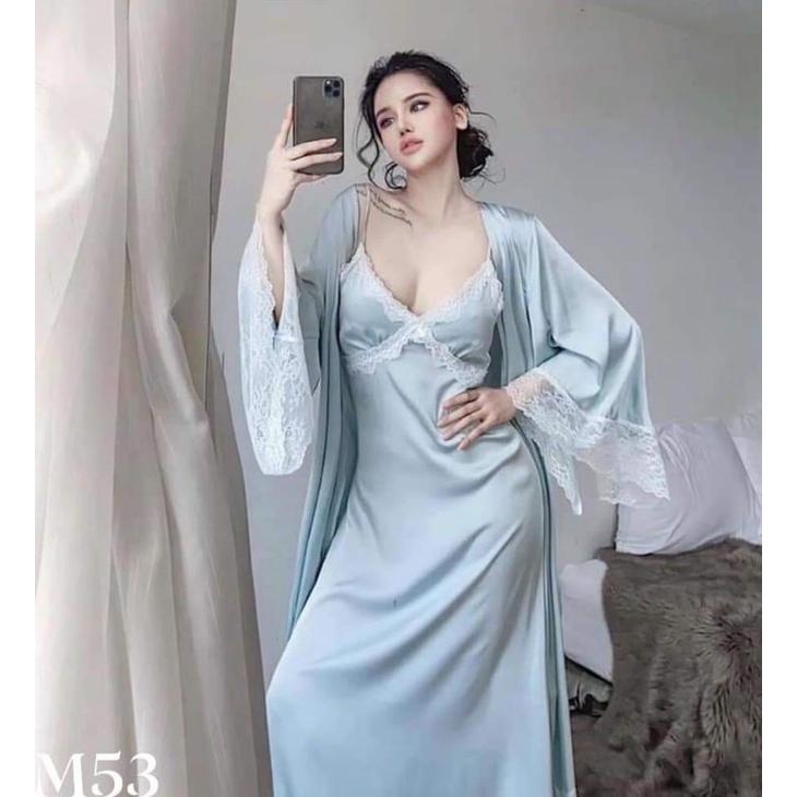 Set áo choàng + váy ngủ lụa dáng dài quá gối Hantu Sleepwear sang trọng đủ size 40-100kg