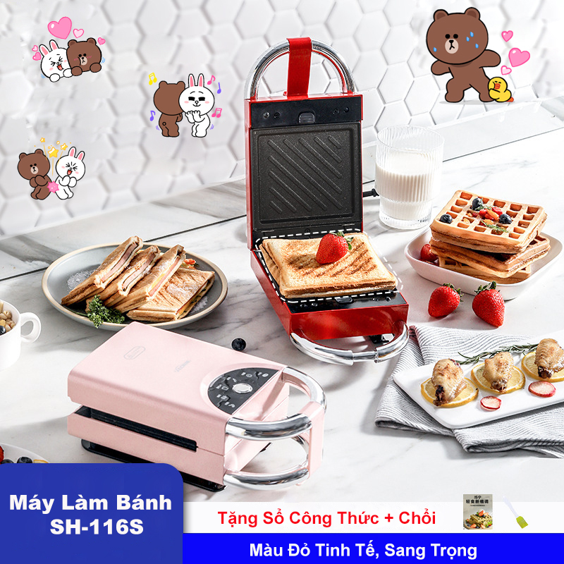 Máy Nướng Bánh mì Sandwich/Waffle đa năng 2 Khay Rán Trứng Xúc Xích Có Chế Độ Hẹn Giờ Tiện Lợi, Kèm Quyển Công Thức + Chổi