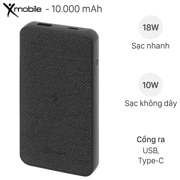 Pin sạc dự phòng không dây Polymer 10.000 mAh Type C PD QC3.0 X-mobile PowerLite P106WD - Hàng chính hãng