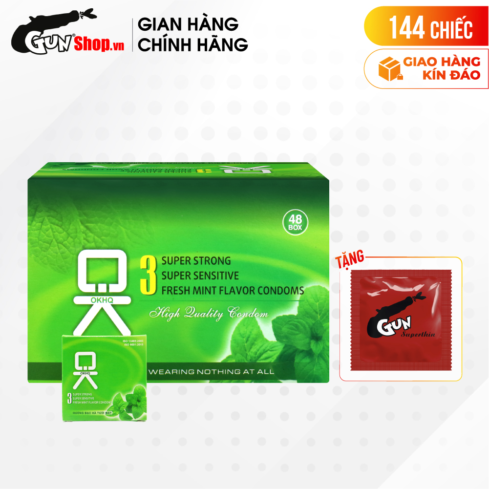 [Hộp 144 cái] Bao cao su OKHQ - Hương bạc hà kèm 1 chiếc BCS Gun Super Thin