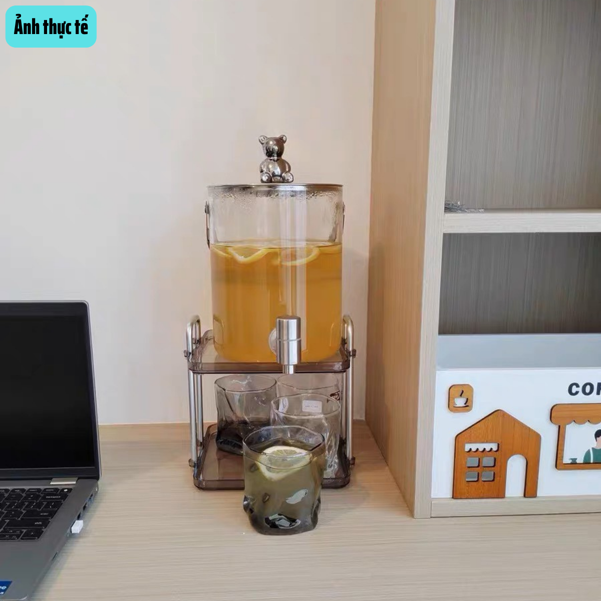 Bộ bình nước thủy tinh dung tích 3000ml, Bộ ly thủy tinh Borosilicate, Hình gấu màu bạc, có giá đỡ màu bạc sang trọng