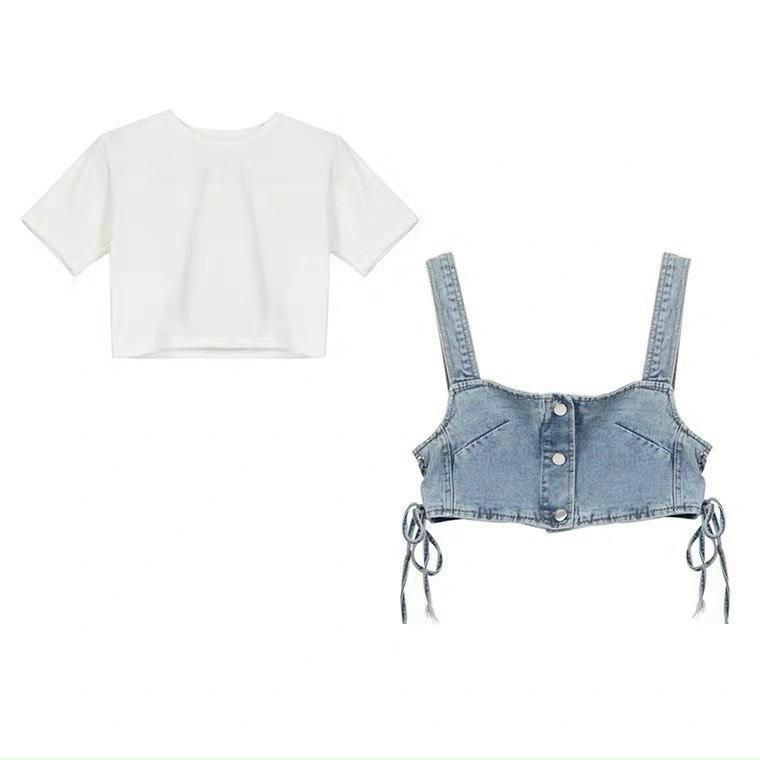 Set áo phông croptop yếm jean đan dây